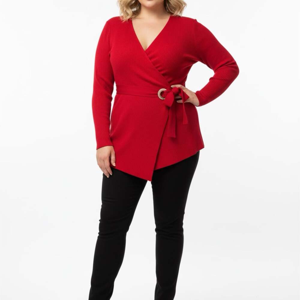 Plunge Front Long Sleeve Bow Detail Top - Red